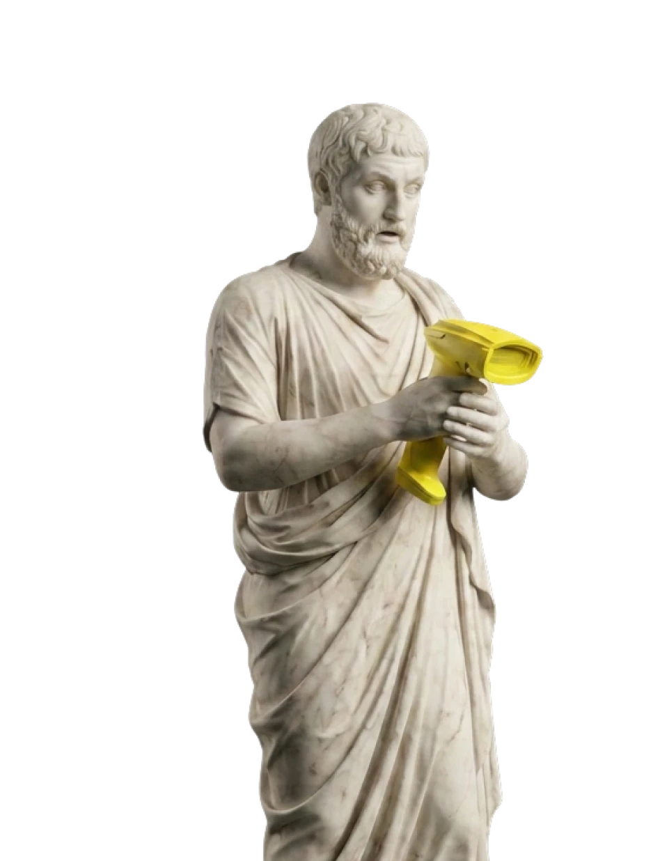 Ancient marble statue holding a modern dark-purple barcode scanner with a focused expression.