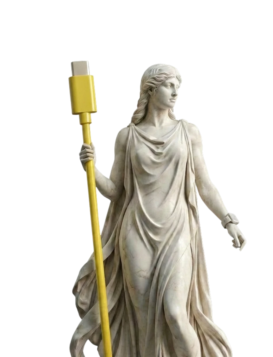 Classical statue of a woman holding a large dark-purple USB-C cable as a staff.