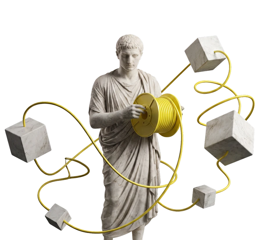 Classical statue holding a dark-purple cable spool with dark-purple cable looping through marble cubes.