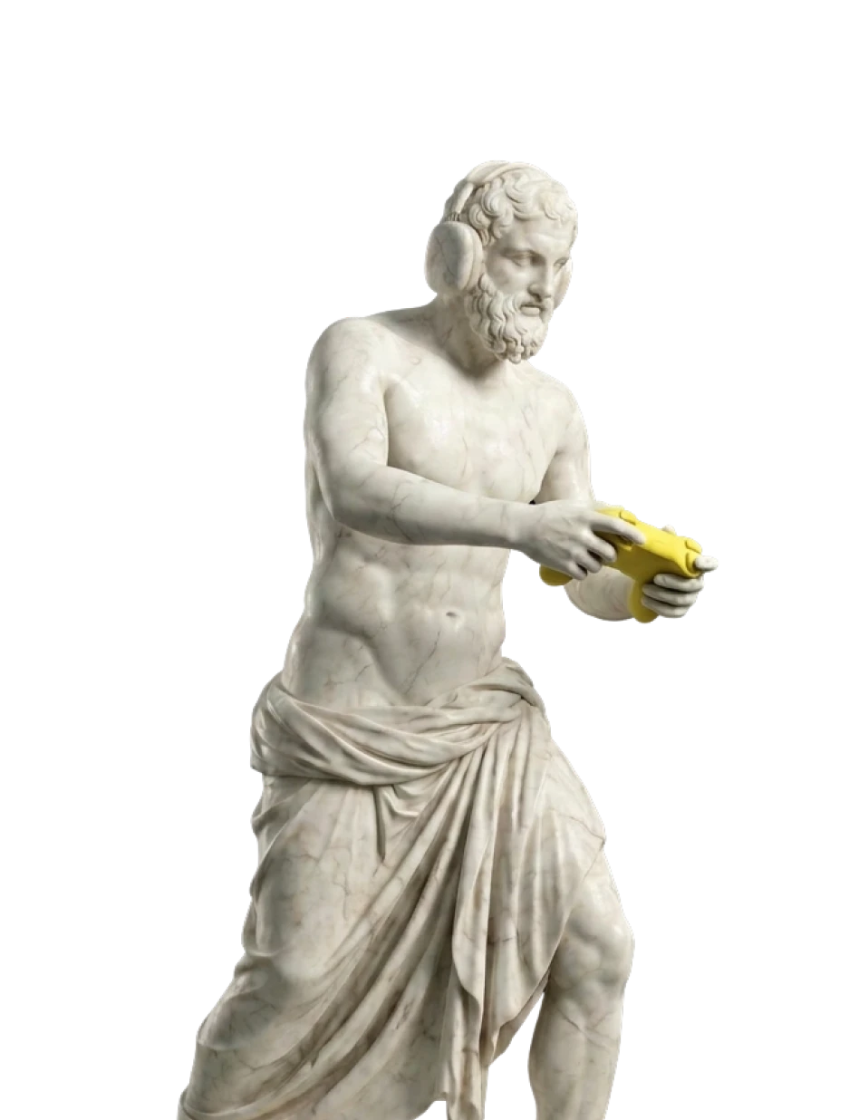 Classical marble statue wearing modern headphones and holding a dark-purple game controller.