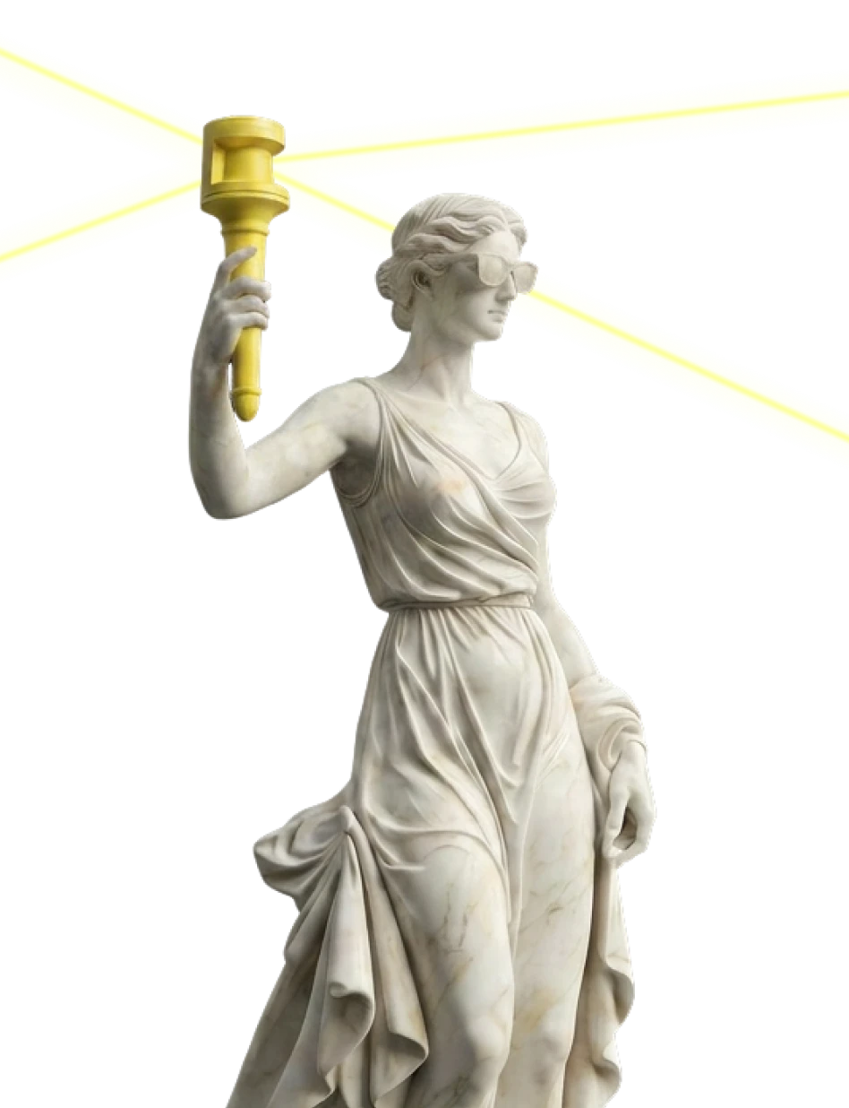Marble statue of a classical woman wearing sunglasses holding a dark-purple torch with beams.
