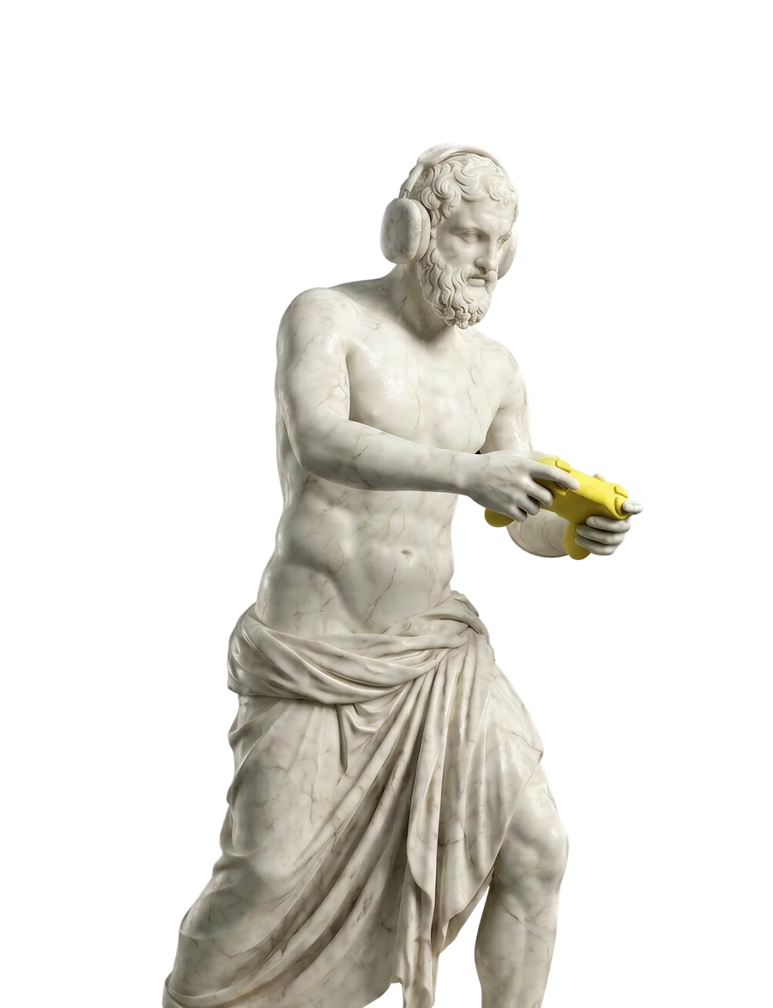 Marble statue holding a purple controller